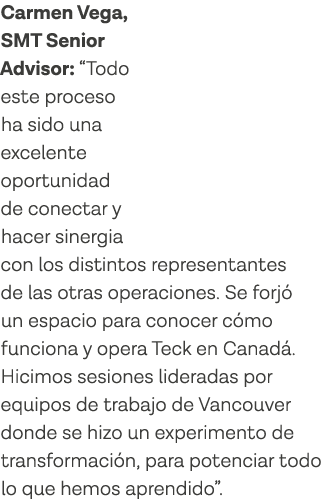 Carmen Vega, SMT Senior Advisor:  Todo este proceso ha sido una excelente oportunidad de conectar y hacer sinergia co   