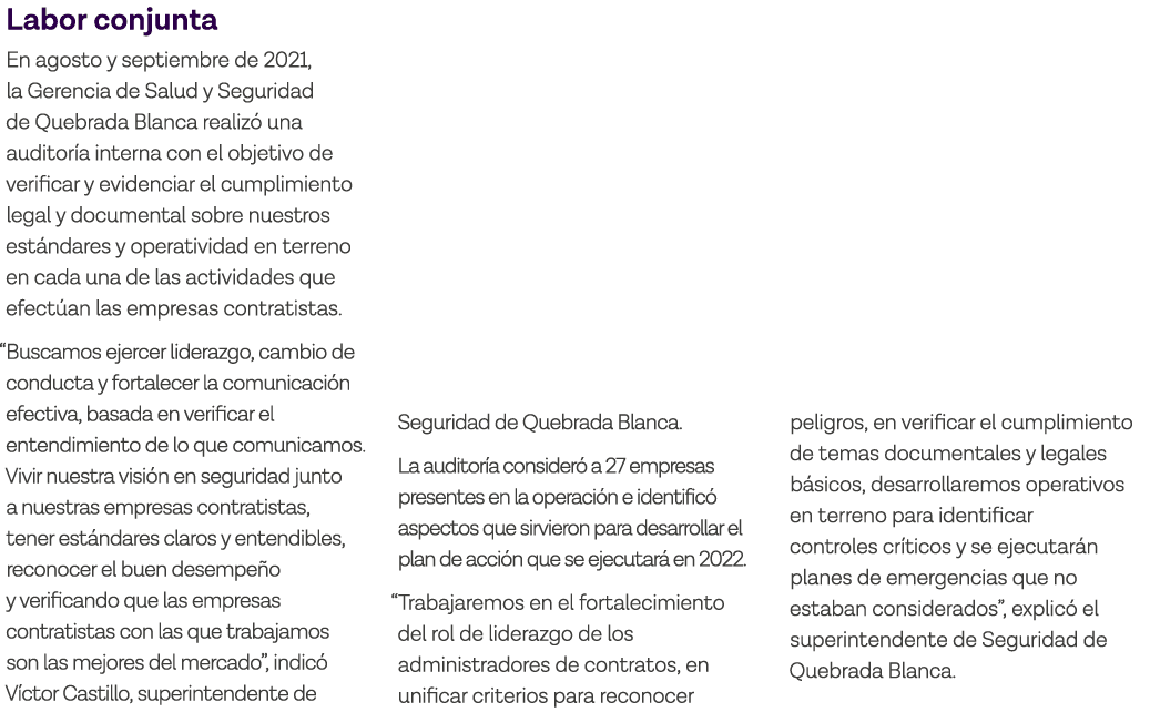 Labor conjunta En agosto y septiembre de 2021, la Gerencia de Salud y Seguridad de Quebrada Blanca realizó una audito   