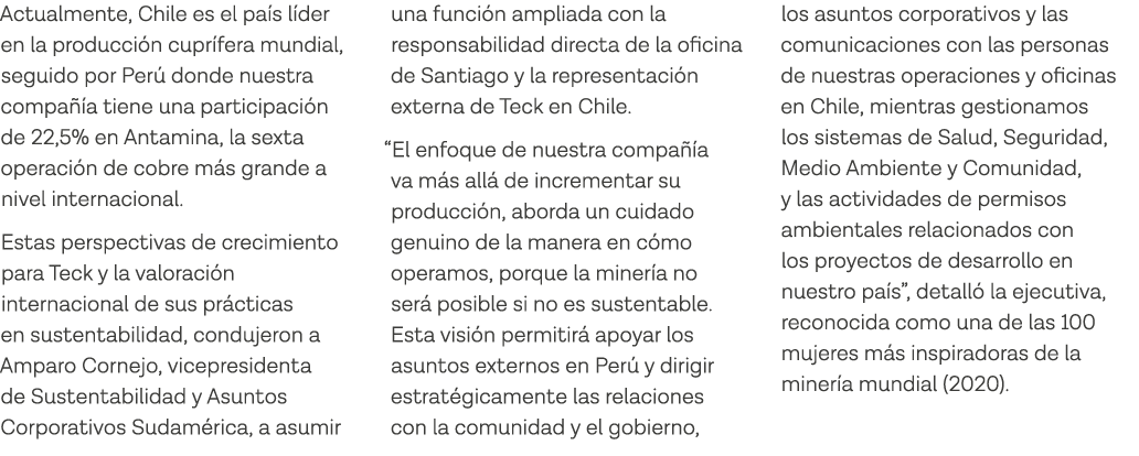 Actualmente, Chile es el país líder en la producción cuprífera mundial, seguido por Perú donde nuestra compañía tiene   