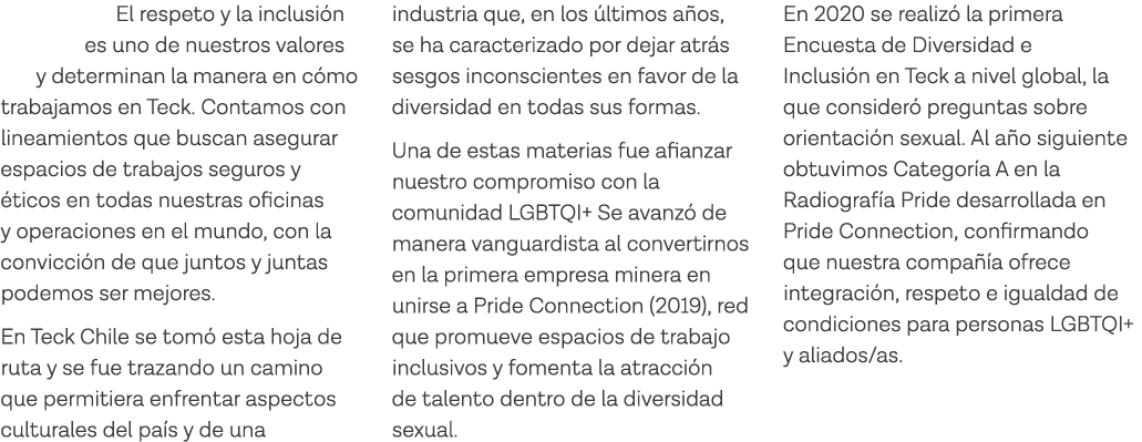 El respeto y la inclusión es uno de nuestros valores y determinan la manera en cómo trabajamos en Teck  Contamos con    
