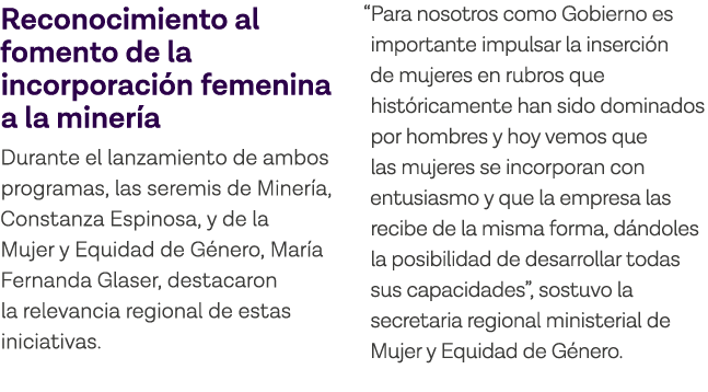 Reconocimiento al fomento de la incorporación femenina a la minería Durante el lanzamiento de ambos programas, las se   