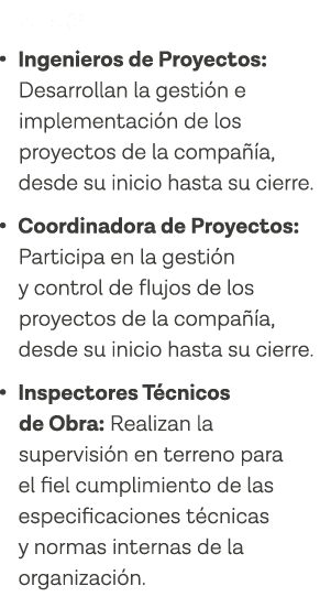 Roles   Ingenieros de Proyectos: Desarrollan la gestión e implementación de los proyectos de la compañía, desde su in   