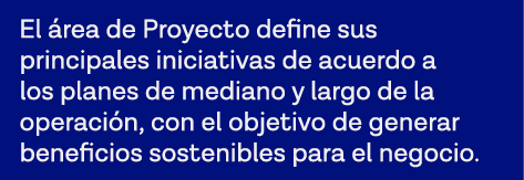 El área de Proyecto define sus principales iniciativas de acuerdo a los planes de mediano y largo de la operación, co   