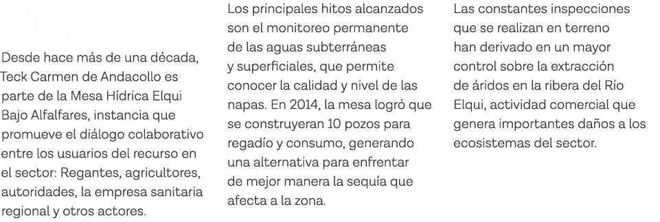 Mesa Hídrica Elqui Bajo Alfalfares Desde hace más de una década, Teck Carmen de Andacollo es parte de la Mesa Hídrica   
