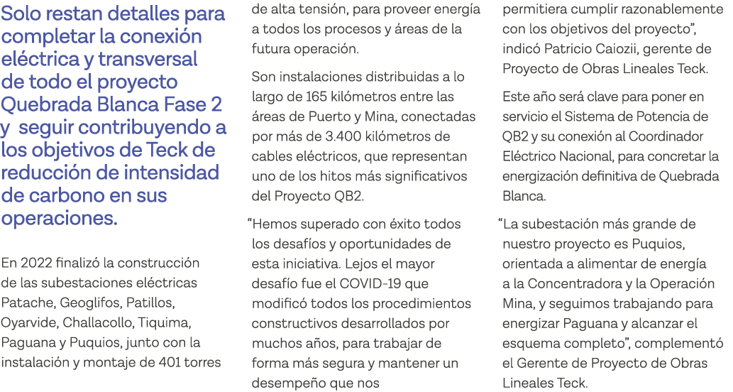 Solo restan detalles para completar la conexión eléctrica y transversal de todo el proyecto Quebrada Blanca Fase 2 y    