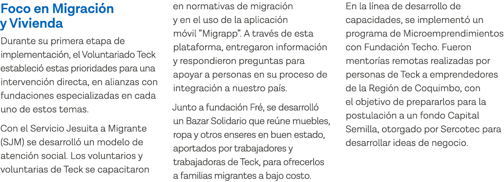Foco en Migración y Vivienda Durante su primera etapa de implementación, el Voluntariado Teck estableció estas priori   