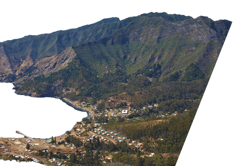 Panoramic view of Cumberland Bay and the town of San Juan Bautista on Robinson Crusoe Island, one of three main islands making up the Juan Fernandez Islands some 400 miles off the coast of Chile