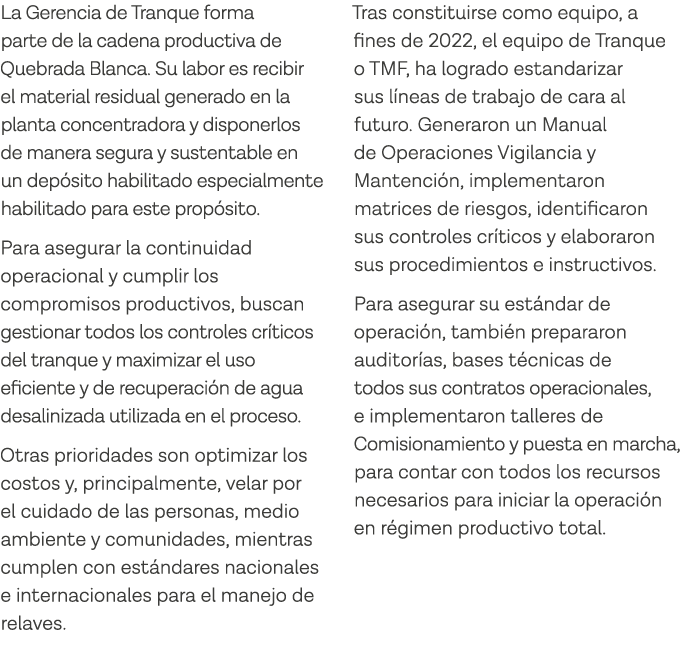 La Gerencia de Tranque forma parte de la cadena productiva de Quebrada Blanca  Su labor es recibir el material residu   