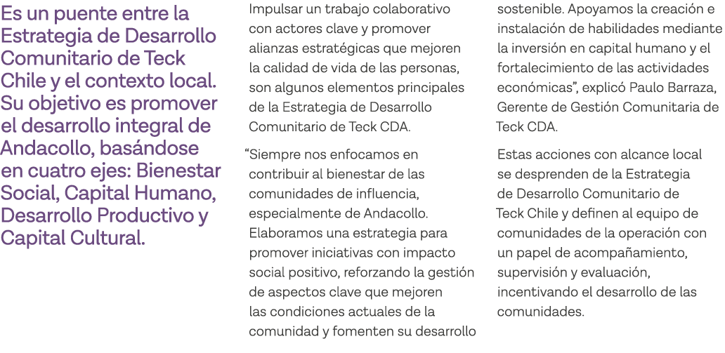 Es un puente entre la Estrategia de Desarrollo Comunitario de Teck Chile y el contexto local  Su objetivo es promover   