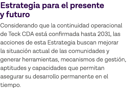 Estrategia para el presente y futuro Considerando que la continuidad operacional de Teck CDA está confirmada hasta 20   