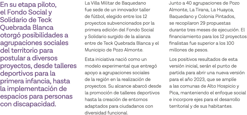 En su etapa piloto, el Fondo Social y Solidario de Teck Quebrada Blanca otorgó posibilidades a agrupaciones sociales    