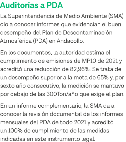 Auditorías a PDA La Superintendencia de Medio Ambiente (SMA) dio a conocer informes que evidencian el buen desempeño    