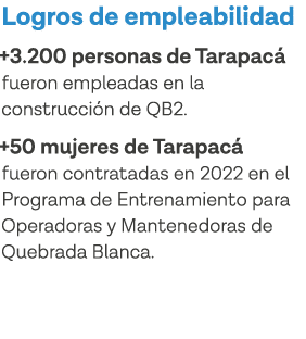 Logros de empleabilidad +3 200 personas de Tarapacá fueron empleadas en la construcción de QB2  +50 mujeres de Tarapa   