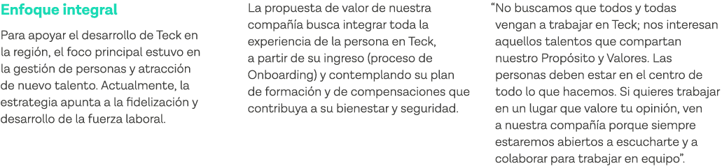 Enfoque integral Para apoyar el desarrollo de Teck en la región, el foco principal estuvo en la gestión de personas y   