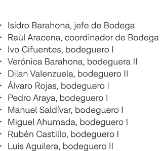 Equipo de Bodega de Teck CDA   Isidro Barahona, jefe de Bodega   Raúl Aracena, coordinador de Bodega   Ivo Cifuentes,   