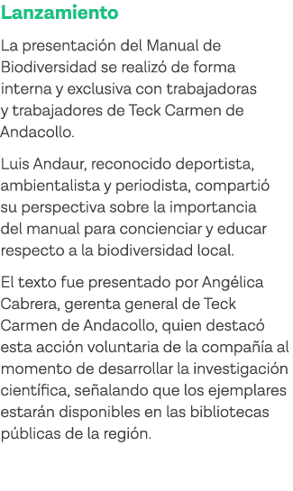 Lanzamiento La presentación del Manual de Biodiversidad se realizó de forma interna y exclusiva con trabajadoras y tr   