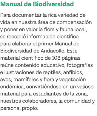 Manual de Biodiversidad Para documentar la rica variedad de vida en nuestra área de compensación y poner en valor la    