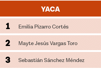 YACA,1,Emilia Pizarro Cortés,2,Mayte Jesús Vargas Toro,3,Sebastián Sánchez Méndez